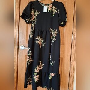 NWT SUGARLIPS Tulane Tiered Black/Coral Floral-Print Flounce-Sleeve MIDI (M)